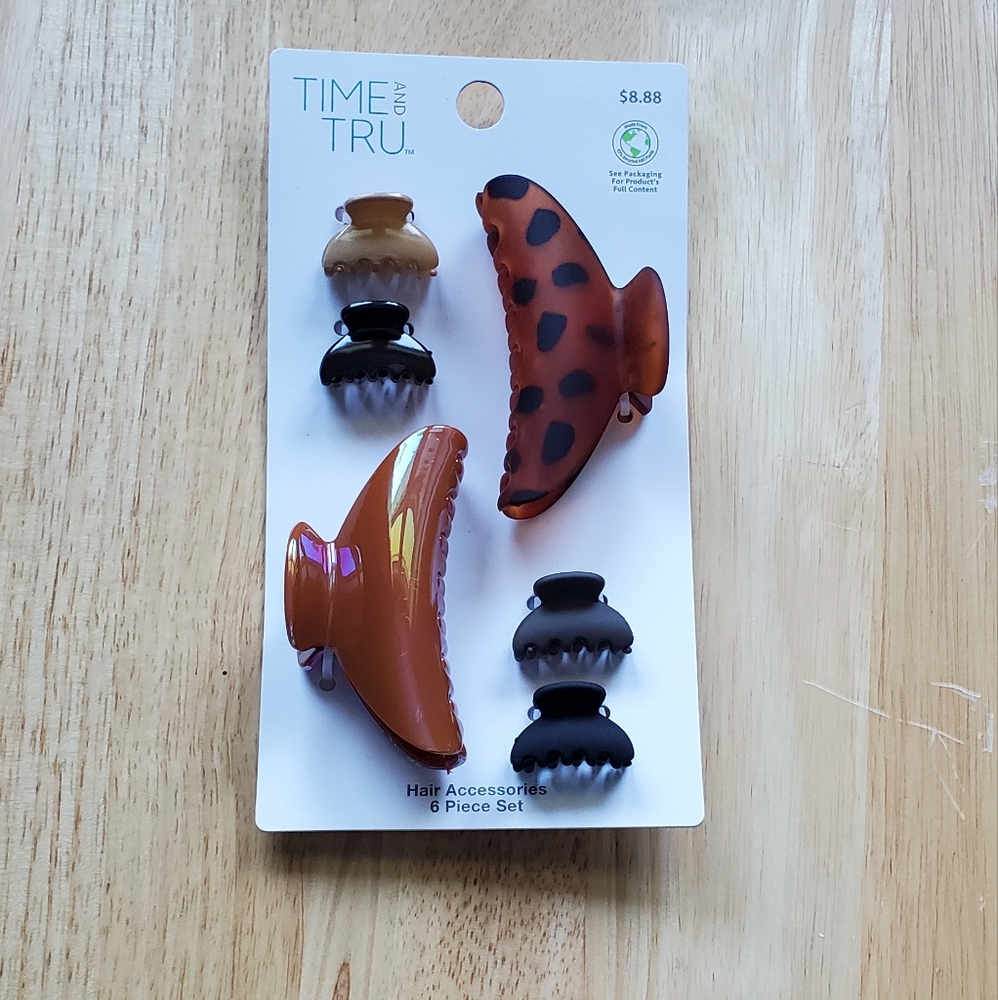 Time And Tru 6 Piece Leopard and Solid Hair Claw Clips Set New